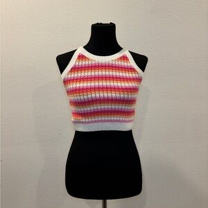 Striped Crochet Halter Crop Top in Pink and White